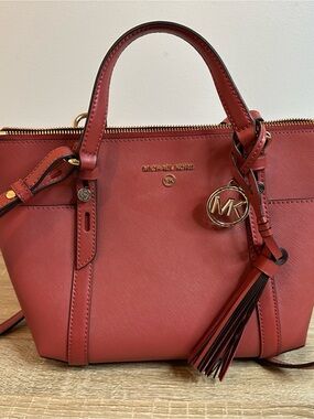 Michael Kors Brick Red Saffiano Leather Satchel with Tassel Charm